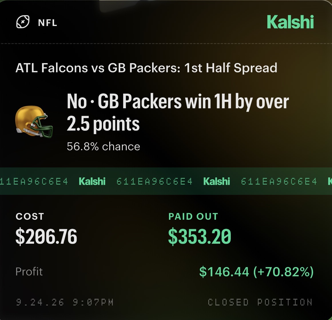 Submitted Falcons versus Packers first-half ticket showing $206.76 cost, $353.20 paid out, and $146.44 profit