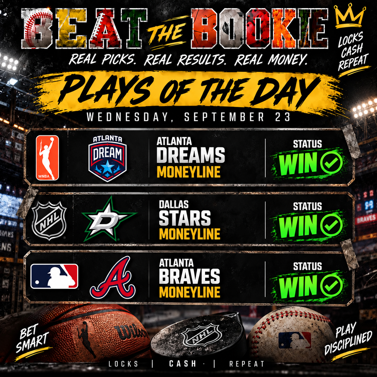 September 23 BTB winning picks: Atlanta Dream moneyline, Dallas Stars moneyline, and Atlanta Braves moneyline, all marked win